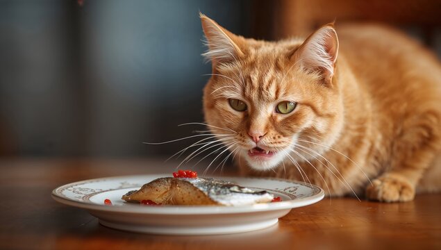 Charming orange feline indulging in a fish dish, protein-rich meal