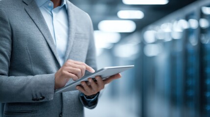 Data Center Professional Using Tablet for Server Maintenance and Monitoring in a Secure Environment