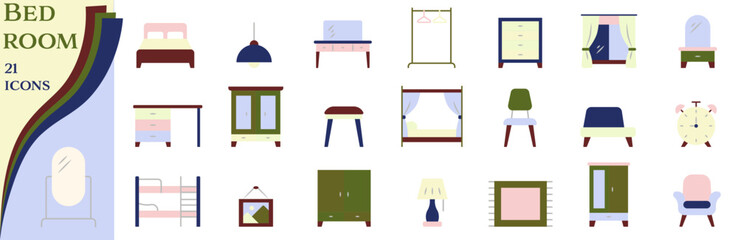 A collection of icons in pleasant pastel colors, dedicated to bedroom furniture and interior design.