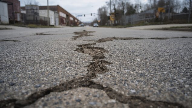 Damaged pavement with patched areas and blurred asphalt cracks - Powered by Adobe