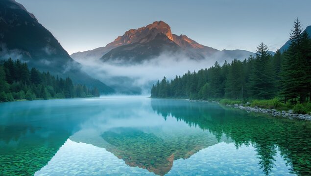 A tranquil mountain lake shrouded in mist, surrounded by a dense forest and a towering peak, showcasing seasonal change.