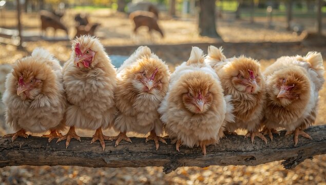 Chickens perched on a branch, showcasing natural behavior, awareness of animal welfare