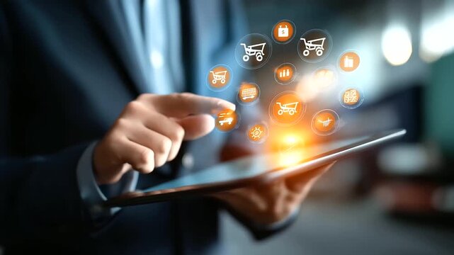 A professional uses a digital interface for procurement analytics hyper realistic logistics icons with vivid details moody shadows on a screen bright saturation in supply chain