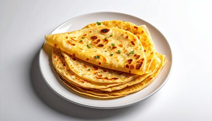 Golden Savory Crepes Stacked on a White Plate Sprinkled with Fresh Green Herbs