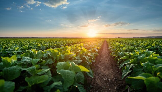 Fototapeta Soybean field at dawn, highlighting agricultural practices