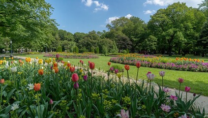 Obraz premium Large flowerbeds featuring newly planted young flowers in a park, promoting urban greenery and biodiversity