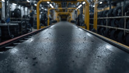 A wide belt of raw rubber compound travels along a roller conveyor, focusing on production efficiency