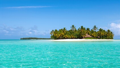 Fototapeta premium Turquoise blue waters wash over white sandy shores of a tropical island, with coconut palms arching above the lagoon, ideal for a summer getaway