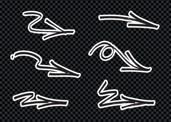 Hand-drawn white sketch arrows with grunge style on transparent background.