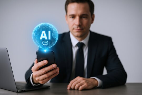 Businessman interacts with holographic AI interface on smartphone, showcasing futuristic technology and communication advancements