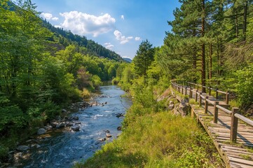 Walking paths along the river surrounded by lush forest scenery