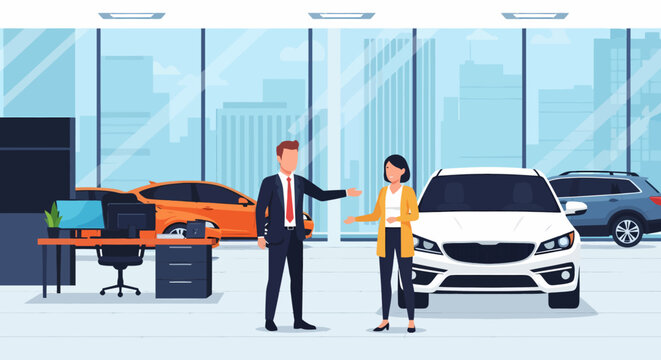 A car salesman in a suit gestures towards a white SUV while speaking with a woman in a yellow cardigan inside a modern dealership with large windows and other vehicles - Powered by Adobe