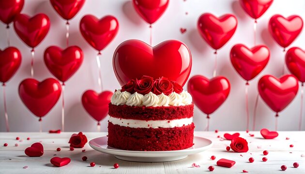 Red velvet cake with cream, topped with roses and a heart-shaped balloon, surrounded by heart balloons
