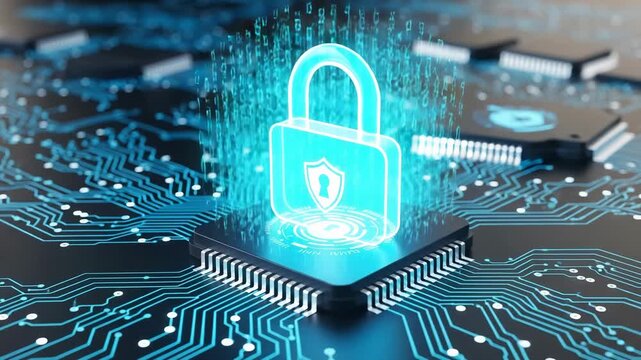 Digital padlock on a circuit board representing cybersecurity