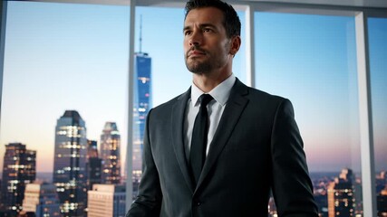 Businessman stands near glass desk. Executive in suit looks at city skyline during sunset. Tablet rests on desk beside display. Corporate leader holds document. Modern office towers frame urban view.