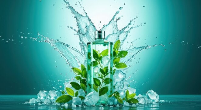 Cool Fragrance Elegance: Captivating the essence of refreshing aromas, a pristine glass perfume bottle is artfully showcased, surrounded by invigorating water, lush green leaves.