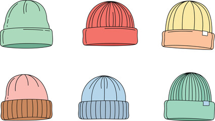 Colorful winter beanies, knit hats collection, fashion accessories, warm headwear, seasonal clothing, isolated vector illustration, trendy design, cold weather gear