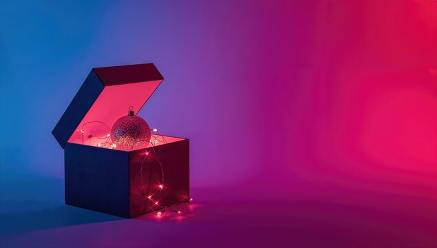 Neon backdrop featuring an open gift box glowing with lights, festive decoration theme - Powered by Adobe