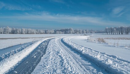 Obraz premium A close-up view of a footpath cutting through a wide snowy landscape, showcasing seasonal change