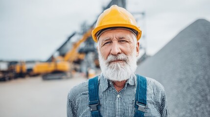 Experienced Senior Construction Worker in Hard Hat at Quarry, Portrait of Man in His Sixties