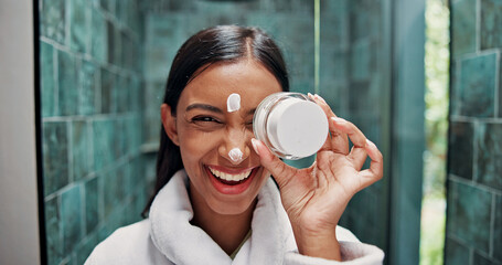 Cosmetics, cream and portrait with woman in bathroom for beauty, retinol moisturizer and self care....