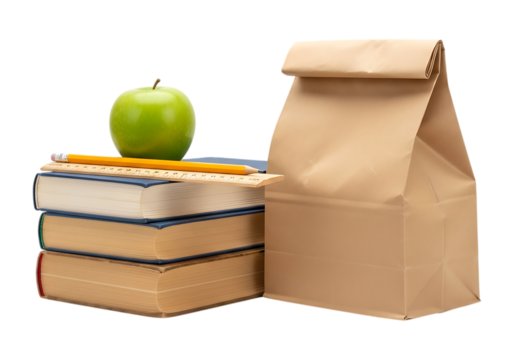 Stack of books with apple and lunch bag isolated on transparent background