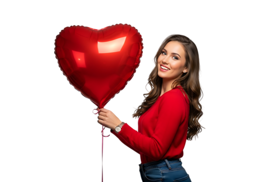 Smiling woman holding a large red heart shaped balloon isolated on transparent background