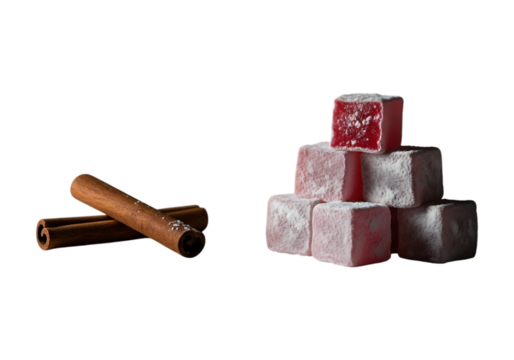 Two cinnamon sticks and turkish delight cubes isolated on transparent background