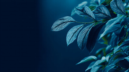 Close-up of tropical leaves in blue light with dark background