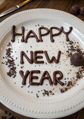 Happy new year message written in chocolate on a white plate