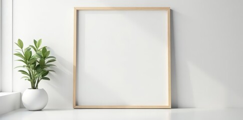 Blank white wooden frame on white wall Minimalist interior design , art, texture, wooden frame mockup