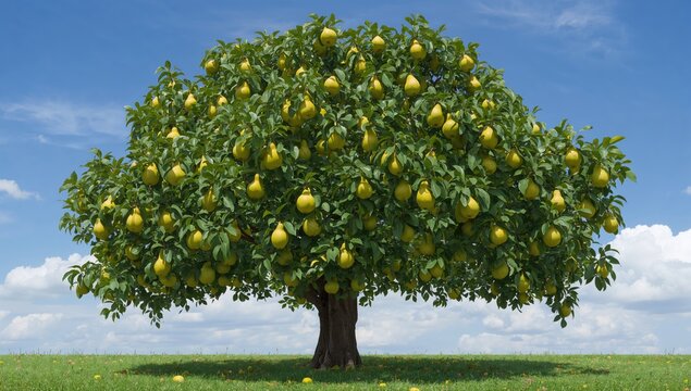 Ripe pears clustered on branches, a seasonal harvest theme