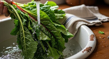 Washing Fresh Greens in a Kitchen Sink.