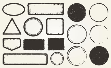 Retro Grunge postage Stamps frames vector shape set. Black postal round and square empty stamp border pack. Blank post Stamp template grunge ink rubber labels collection. Vector image isolated