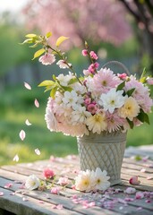 Beautiful flower arrangement in a vase on a wooden table outdoors