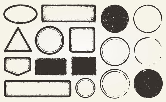 Retro Grunge postage Stamps frames vector shape set. Black postal round and square empty stamp border pack. Blank post Stamp template grunge ink rubber labels collection. Vector image isolated