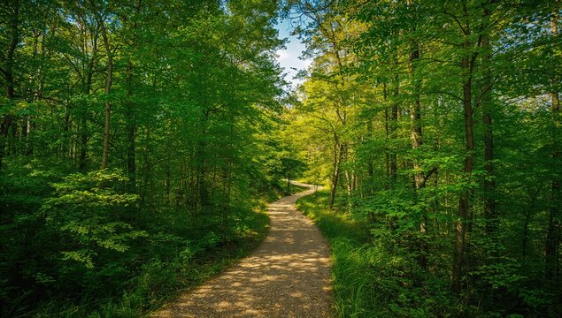 Lush greenery with a winding forest path, promoting accessibility
