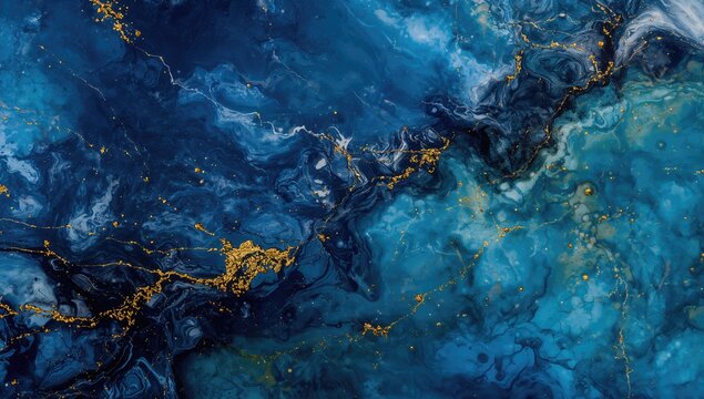 A high-end alcohol ink technique abstract fluid art piece featuring deep blue and gold pigments, showcasing golden veins and a marble stone cut imitation, artistic design
