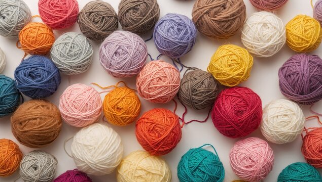 Multicolored balls of wool arranged neatly, ideal for textile crafting projects