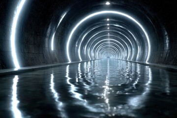 Modern tunnel illuminated by glowing lights reflecting on calm w