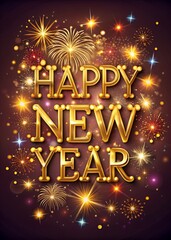 Happy new year greeting card with golden text and fireworks on dark background