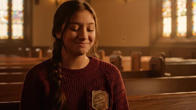 girl with braid sits on bench in church pew. smile and badge on sweater reflect soft light. interior features wooden row and window with stainedglass. face looks toward lap. hand on lap near badge.