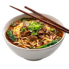 Savory Beef Noodles with Fresh Green Onions in Restaurant Setting