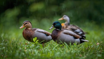 Obraz premium Ducks navigating a rain-soaked landscape, showcasing resilience in nature