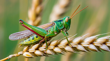 A macro photograph of a green grasshopper perched on a wheat stalk