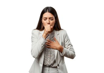 Woman coughing into her hand isolated on transparent background