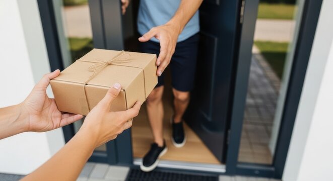 Woman customer receiving cardboard package at door from delivery man. Fast and efficient courier service. Online order and shipment concept. - Powered by Adobe