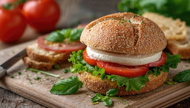 Italian Caprese sandwiches featuring fresh tomatoes, mozzarella, and lamb's lettuce on a multigrain bun, protein-rich meal