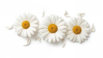 Fototapeta premium Chamomile flowers arranged on a white background, suitable for package design and layout