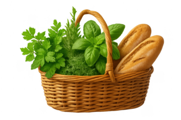 Wicker basket holding fresh herbs and baguette bread